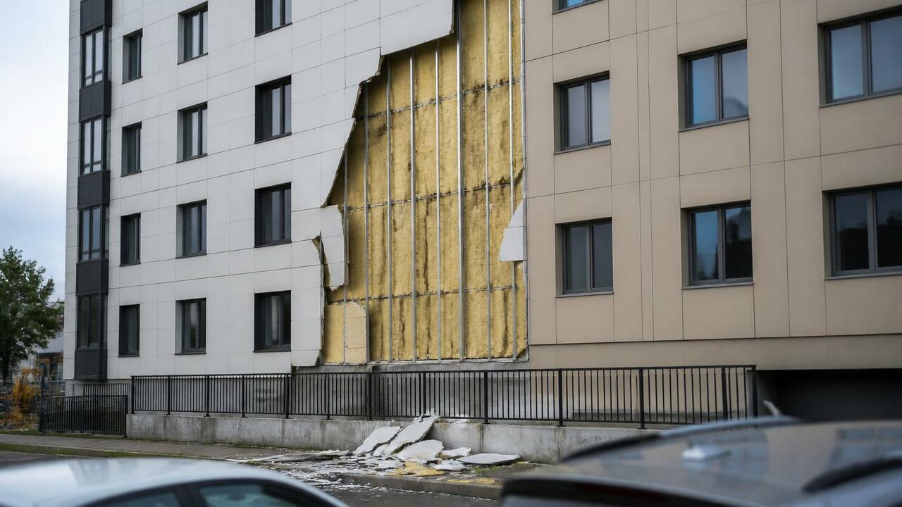 Фотография фасада многоэтажки с оторванной обши...